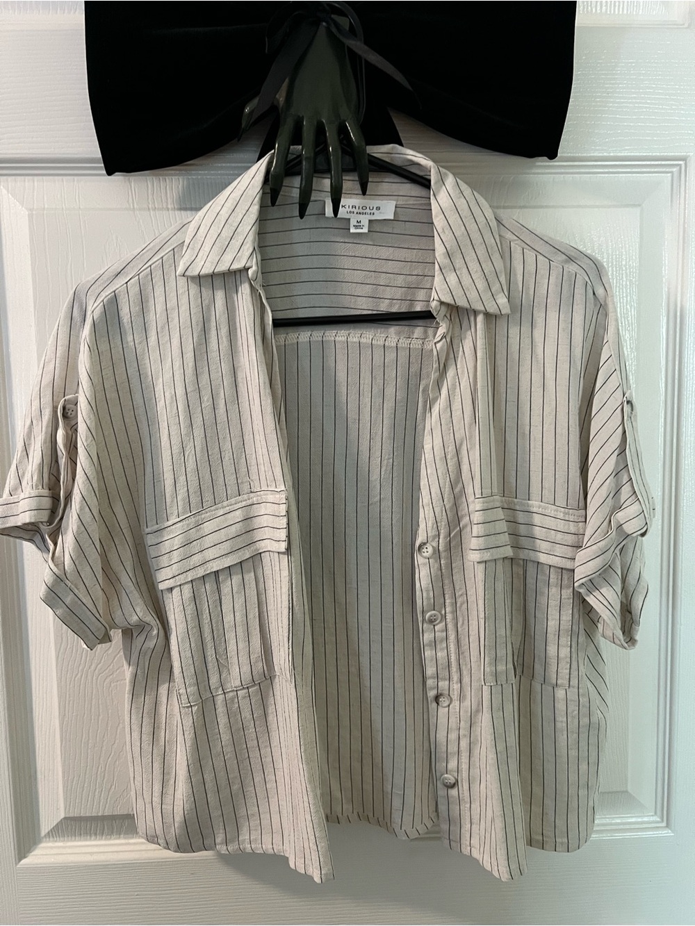 Womans Short-Sleeve Stripe Button-Up Shirt — White with Black Pinstripes